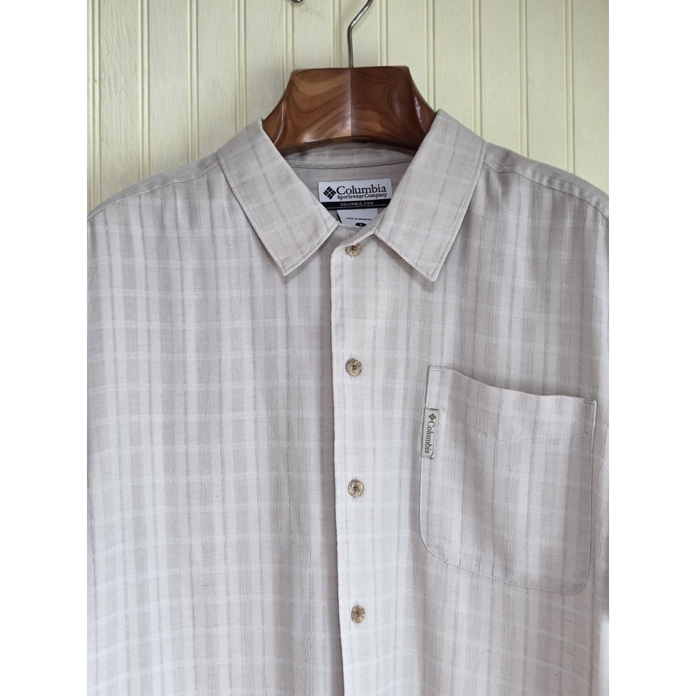 Columbia Shirt Mens Large Beige Short Sleeve Plaid Linen Blend‎ Casual Top